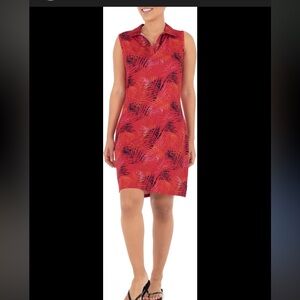 Guy Harvey Sz L Red Tropical Print Sleeveless Midi Dress Vneck Collared Dri Fit